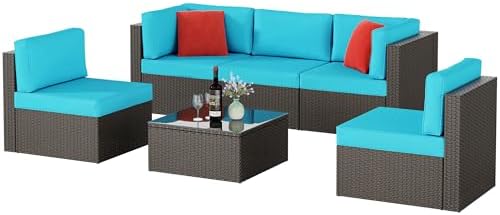 6 Pieces Patio Furniture Set Outdoor Couch Wicker Sectional Sofa, Blue