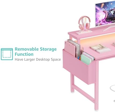 Lufeiya Small Girls Desk with Power Outlets and LED Lights, 32 Inch Gaming Desk Table with Charging Station, Home Office Computer Desks with Monitor, Pink