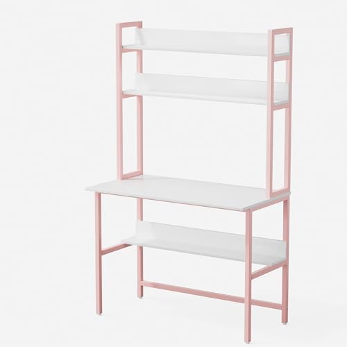 Aquzee 40 Inch Pink Desk with Shelves, Computer Desk with Hutch