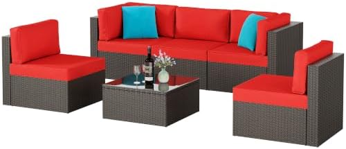 6 Pieces Patio Furniture Set Outdoor Couch Wicker Sectional Sofa, Red