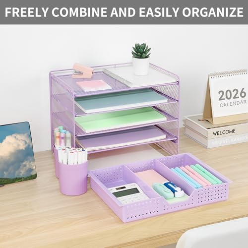 LEKETREE Desk Organizers and Accessories, 5-Tier Paper Letter Tray Organizer with Drawer & 2 Pen Holders, Desktop Organizer for Office Supplies (Purple)
