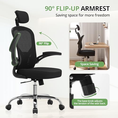 Office Chair Ergonomic Desk Chair, 330LBS Capacity, High Back Computer Chair for Long Hours Comfortable, Rolling Swivel Executive Task Chair for Home Office with Flip-up Armrests, Black Black-Chrome