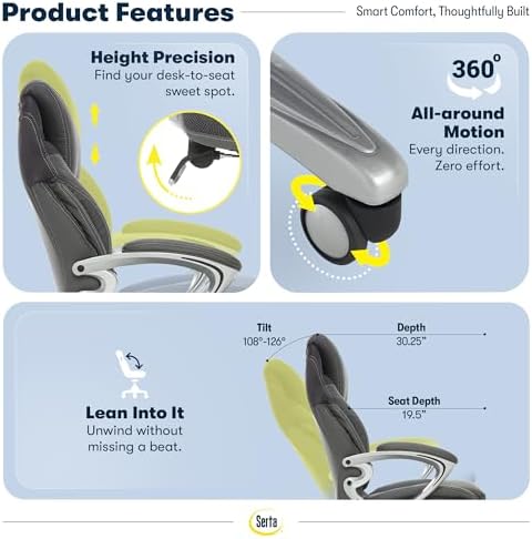 Serta Bryce Executive Office Chair - Ergonomic Computer Desk Chair with Patented AIR Lumbar Technology - Adjustable Height - Memory Foam Body Pillows - 360° Swivel Rolling Base - Bonded Leather - Gray | Bryce, Memory Foam Seat Cushion Desk Chair, Padde...