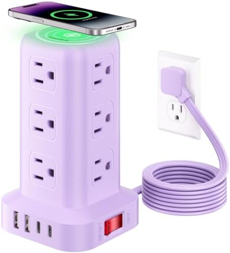 Extension Cord with Multiple Outlets, SMALLRT Outlet Extender with 12 AC Outlets 4 USB, 6.5FT Power Strip Tower for Home Office Supplies, Purple