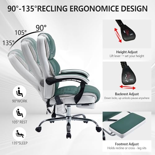 Massage Office Chair 6 Points 500lbs with Footrest,Reclining Leather Desk Chair with Vibration Heat,Executive Big and Tall Chairs for Heavy People,Adjustable Height Ergonomic Green