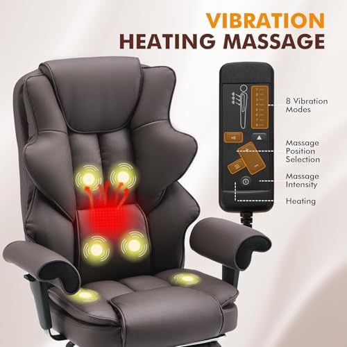 HOMREST 6-Point Massage Executive Chair,Heat Office Chair,Ergonomic Home Office Desk Chairs with Retractable Footrest and Reclining Function,Leather Computer Chair with Adjustable Armrest(โBrown)