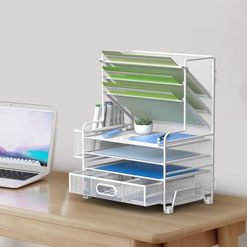 MINDEPOT 4-Tier Paper Organizer + 3-Pocket File Holder + Drawer + Pen Holders, Desktop File Organizers Paper Tray for Office Supplies School Classroom Organization (White, with Drawer & Pen Holder)