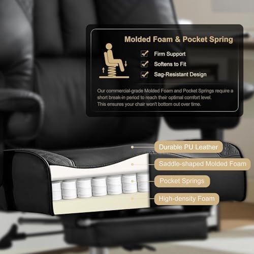 EXCEBET Big and Tall Office Chair 400lbs Wide Seat, Leather High Back Executive Office Chair with Foot Rest, Ergonomic Chairs Lumbar Support for Lower Back Pain Relief (Black)