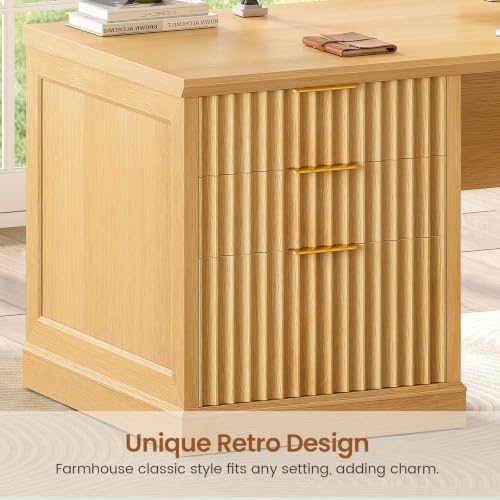 SEDETA Fluted 78.8" L Shaped Desk with 6 Drawers, Fluted Oak