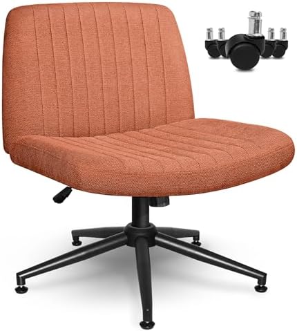 NEO CHAIR Criss Cross Chair with Wheels Armless Cross Legged Office Desk Wide Comfy Vanity Makeup Chair Adjustable Swivel Rolling Computer for Home Office Fabric (Brown)