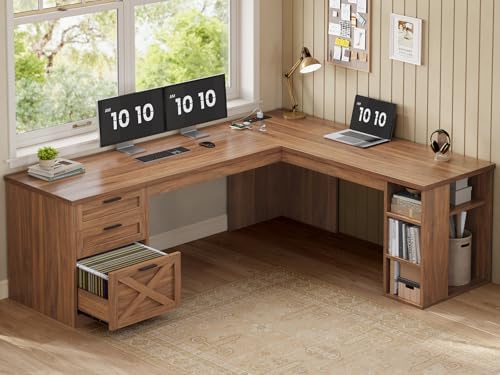 SEDETA 67" Farmhouse L Shaped Desk with 3 Drawers, Executive Home Office Desks with Storage Shelves, Corner Computer Desk with Power Outlets for Home Office, Brown