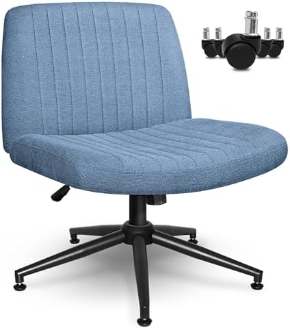 NEO CHAIR Criss Cross Chair with Wheels Armless Cross Legged Office Desk Wide Comfy Vanity Makeup Chair Adjustable Swivel Rolling Computer for Home Office Fabric (Blue)