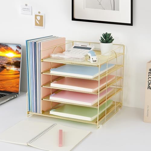 LEKETREE Desk Organizers and Accessories, 5-Tier Paper Letter Tray Organizer with File Holder, Desktop Organizer for Office Supplies (Gold)