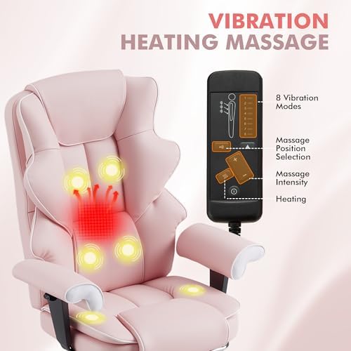 HOMREST 6-Point Massage Executive Chair,Heat Office Chair,Ergonomic Home Office Desk Chairs with Retractable Footrest and Reclining Function,Leather Computer Chair with Adjustable Armrest(โPink)