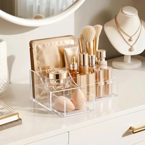 HBlife Acrylic Desk Organizer with Drawer, Pen & Pencil Holder, Multifunctional Desktop Caddy for Office Supply and Organization (Clear, 2 Pack)