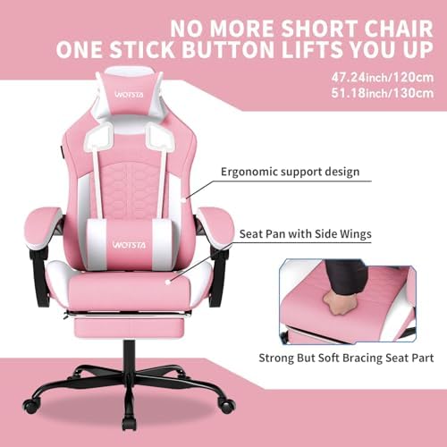 Gaming Chair with Massage,Ergonomic PC Gaming Chair with Footrest Comfortable Headrest and Lumbar Support,High Back Game Chair PVC Leather,300LBS (Pink)