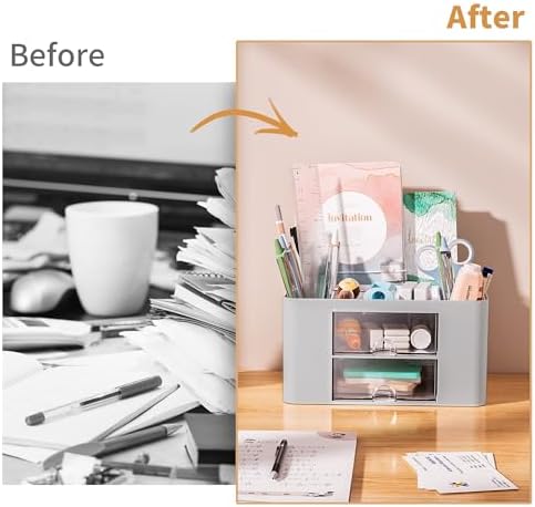 Marbrasse Pen Organizer with 2 Drawer, Multi-Functional Pencil Holder for Desk, Desk Organizers and Accessories with 5 Compartments + Drawer for Office Art Supplies (Grey)