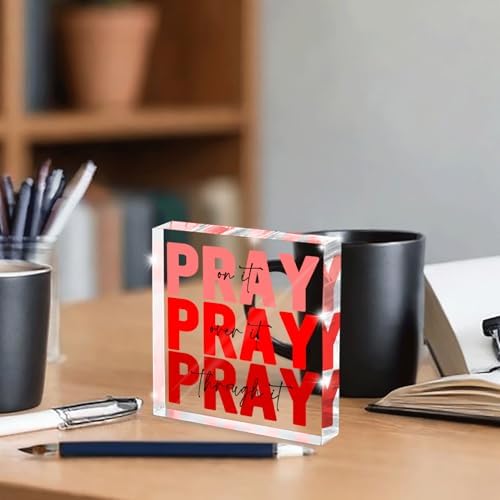 Red Dorm Room Decor for Women, Ideal Christian Gifts for Women - Pray On It,Pray Over It - Bible Verse Desk Art, Inspirational Decor, Desk Decorations for Office, 4 x 4 inches(Red)