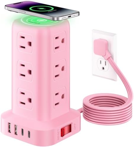 Extension Cord with Multiple Outlets, SMALLRT Outlet Extender with 12 AC Outlets 4 USB, 6.5FT Power Strip Tower for Home Office Supplies, Pink