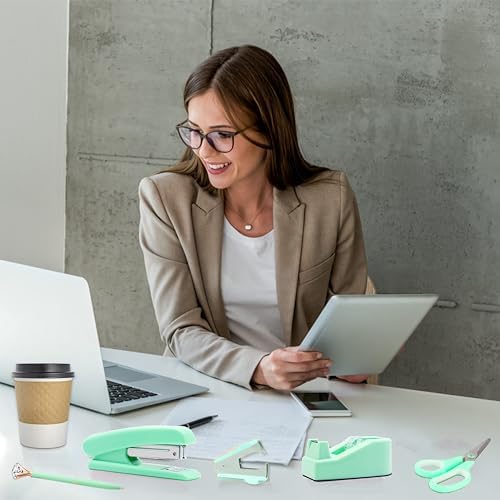 Green Desk Accessories, Green Office Supplies, Stapler, Staple Remover, Tape Holder, Pen Holder, Ballpoint Pen, Scissor, Binder Clips, Paper Clips and 1000pcs Staples.