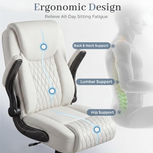GTPOFFICE Executive Office Chair with Comfortable Lumbar Support, Ergonomic Gaming Chair with Flip-up Armrests & Zoned Pressure-Relief Cushion, Comfy PU Leather Desk Chair, White
