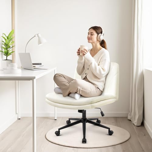 Orange Factory Criss Cross Chair, Wide Leather Vanity Desk Seat, Beige Pu