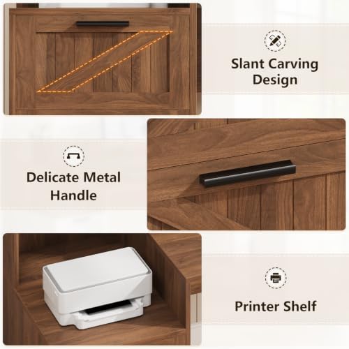Farmhouse L Shaped Desk with Drawers & Printer Shelf for Home Office