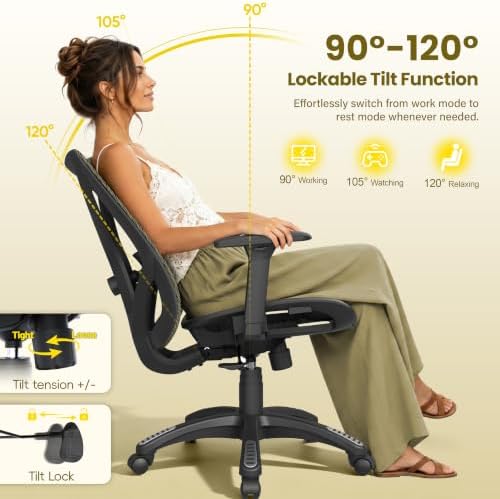 Ergonomic Office Chair, Mesh Computer Desk Chairs with BIFMA X5.1 Certified, Adjustable Lumbar Support, 3D Arm, Tilt Back, Wide Seat, Comfy Swivel Work Task Chair for Company and Home (Satin Gold)