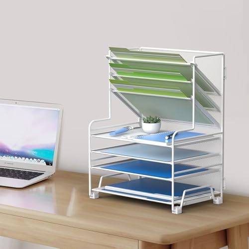 MINDEPOT 4-Tier Paper Organizer + 3-Pocket File Holder + Drawer + Pen Holders, Desktop File Organizers Paper Tray for Office Supplies School Classroom Organization (White, no Drawer & Pen Holder)
