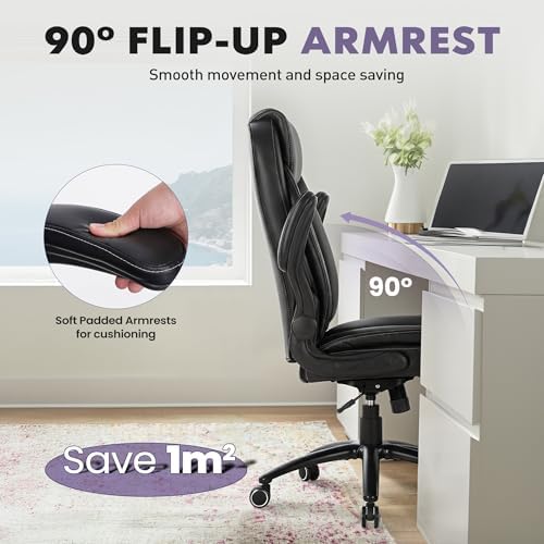 300lbs Capacity Executive Desk Chair with Ergonomic Lumbar Support, Flip-up Arms & High Back Leather Computer Chair for Home/Office, Black