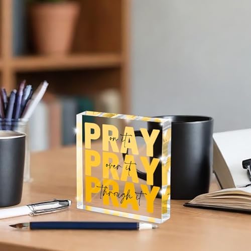 Yellow Dorm Room Decor for Women, Yellow Bathroom Decoration, Ideal Christian Gifts for Women - Pray On It,Pray Over It - Bible Verse Desk Art, Inspirational Decor, Desk Decorations for Office, 4 x 4 inches