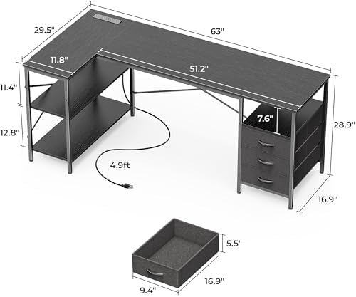 Huuger L Shaped Office Desk with Power Outlets & 3 Drawers