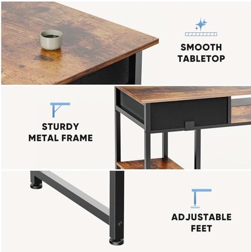 DUMOS 48-Inch Computer Desk with Drawers and Hook, Brown