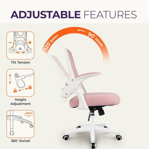 NEO CHAIR Office Desk Chair, Ergonomic Mesh with Flip-Up Armrests, Pink