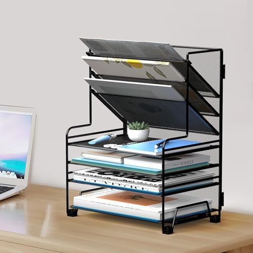 MINDEPOT 4-Tier Paper Organizer + 3-Pocket File Holder + Drawer + Pen Holders, Desktop File Organizers Paper Tray for Office Supplies School Classroom Organization (Black, No Drawer & Pen Holder)