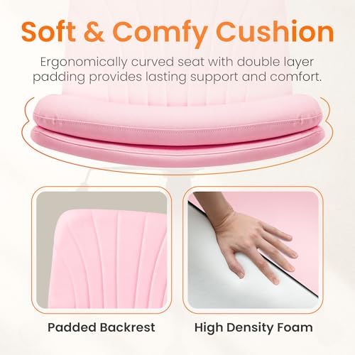 NEO CHAIR Criss Cross Chair with Wheels Armless Vanity Desk Office Wide Comfy Chair Cross Legged Adjustable Swivel Rolling Computer for Home Office PU Leather (Pink-Leather)