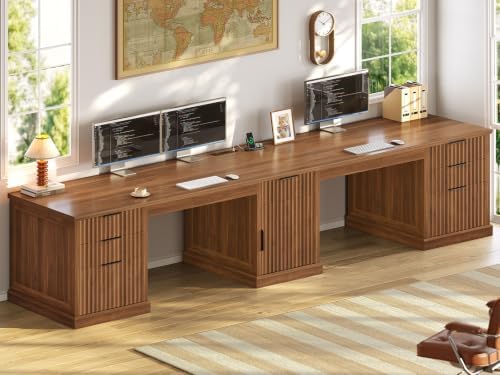 SEDETA Fluted 110.3" Two Person Desk with 7 Drawers, Fluted Brown
