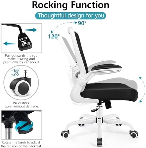 FelixKing Office Chair, Ergonomic Desk Chair Breathable Mesh Chairs Adjustable High Back Lumbar Support Flip-up Armrests, Executive Rolling Swivel Comfy Computer Chairs Home Office White