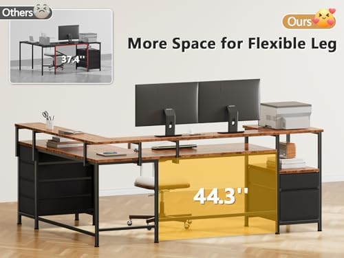 Furologee 66'' L Shaped Computer Desk with 6 Drawers & LED, Rustic Brown