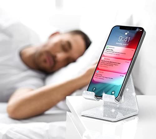 Crpich Acrylic Cell Phone Stand, Portable Phone Holder, Phone Stand for Desk, Compatible with Phone16 15 14 13 12 Pro Max Mini 11 Xr Plus SE, Switch, Android Smartphone, Pad, Tablet, Glitter Silver