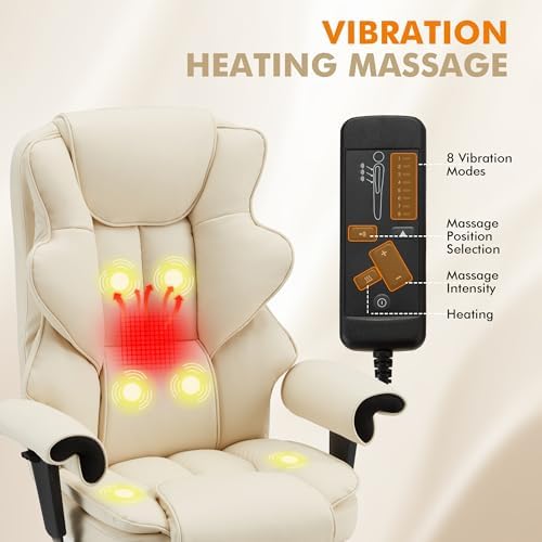 HOMREST 6-Point Massage Executive Chair,Heat Office Chair,Ergonomic Home Office Desk Chairs with Retractable Footrest and Reclining Function,Leather Computer Chair with Adjustable Armrest(โOff White)