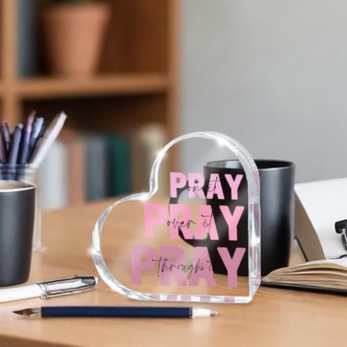Pink Christian Gifts for Women, Pink Bedroom Decor, Pray On it Pray Over it Through it Acrylic Sign Decorative for Home Pastor Farmhouse Living Room Church Table Desk Bookshelf, St. Patrick's Day Decor