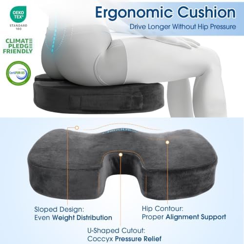 CloudBliss Ergonomic Seat Cushion & Lumbar Support Pillow Set, Grey, Large