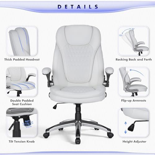 COLAMY High Back Executive Office Chairs Set of 2, Ergonomic PU Leather Desk Chairs with Flip-Up Armrests, Adjustable Height, Lumbar Support, Comfortable Computer Chairs for Home Office, White