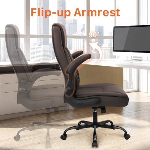 NEO CHAIR Office Desk Chair, High Back PU Leather with Flip-up Arms, Brown
