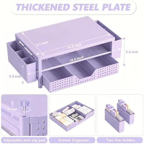 OPNICE Desk Organizers and Accessories, Computer Monitor Stand Riser with Drawer and 2 Pen Holders, Printer & Laptop Stand, Office Desk Accessories & Workspace Organizers for Home Office Supplies, Purple