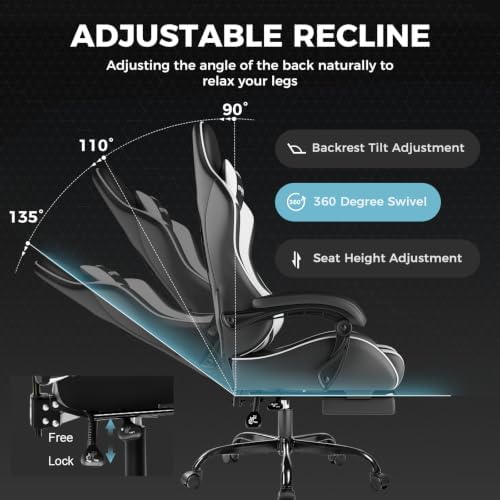 GTPLAYER Gaming Chair, Computer Chair with Footrest and Lumbar Support, Height Adjustable Game Chair with 360°-Swivel Seat and Headrest and for Office or Gaming (Pearl White)