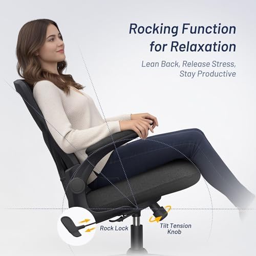 Office Desk Chair for Long Hours & Lower Back Pain Relief – 4“ Thick Molded Foam Cushion, Enhanced Lumbar Support, Padded Flip-up Armrests, Ideal for Office or Study, Black