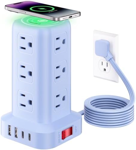Extension Cord with Multiple Outlets, SMALLRT Outlet Extender with 12 AC Outlets 4 USB, 6.5FT Power Strip Tower for Home Office Supplies, Blue