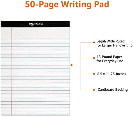 Amazon Basics Legal/Wide Ruled 8-1/2 by 11-3/4 Legal Pad, White, 600 Count (12 Pack of 50 Sheets)
